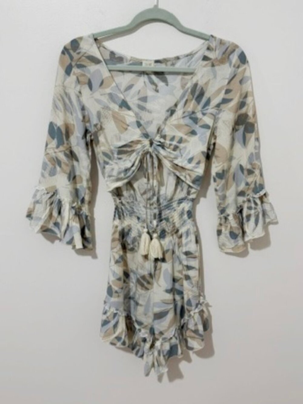 Surf Gypsy Romper Swim Cover Up 3/4 Sleeves Open Tie Front Size S
